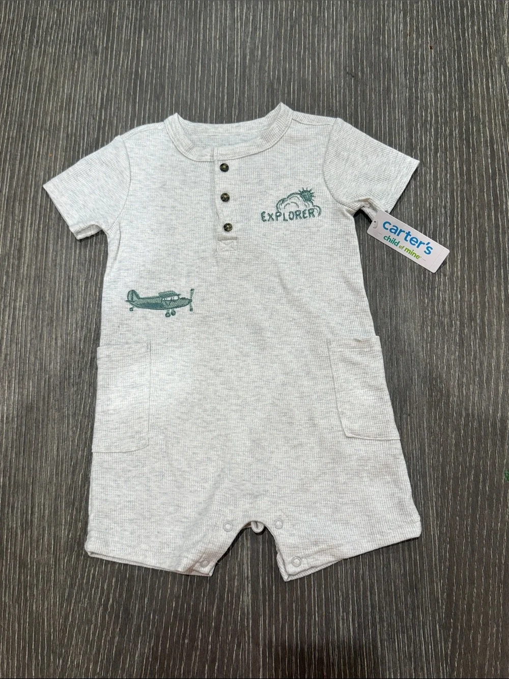 NWT Size 24 months Carter's Gray Explorer Romper with Green Airplane Graphic